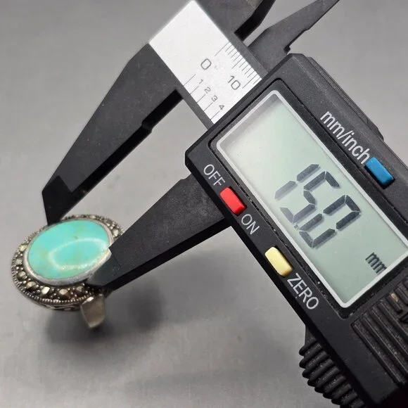 VTG 925 Sterling Silver Turquoise & Marcasite Ring Size 6.5 Signed Filigree - Picture 9 of 11